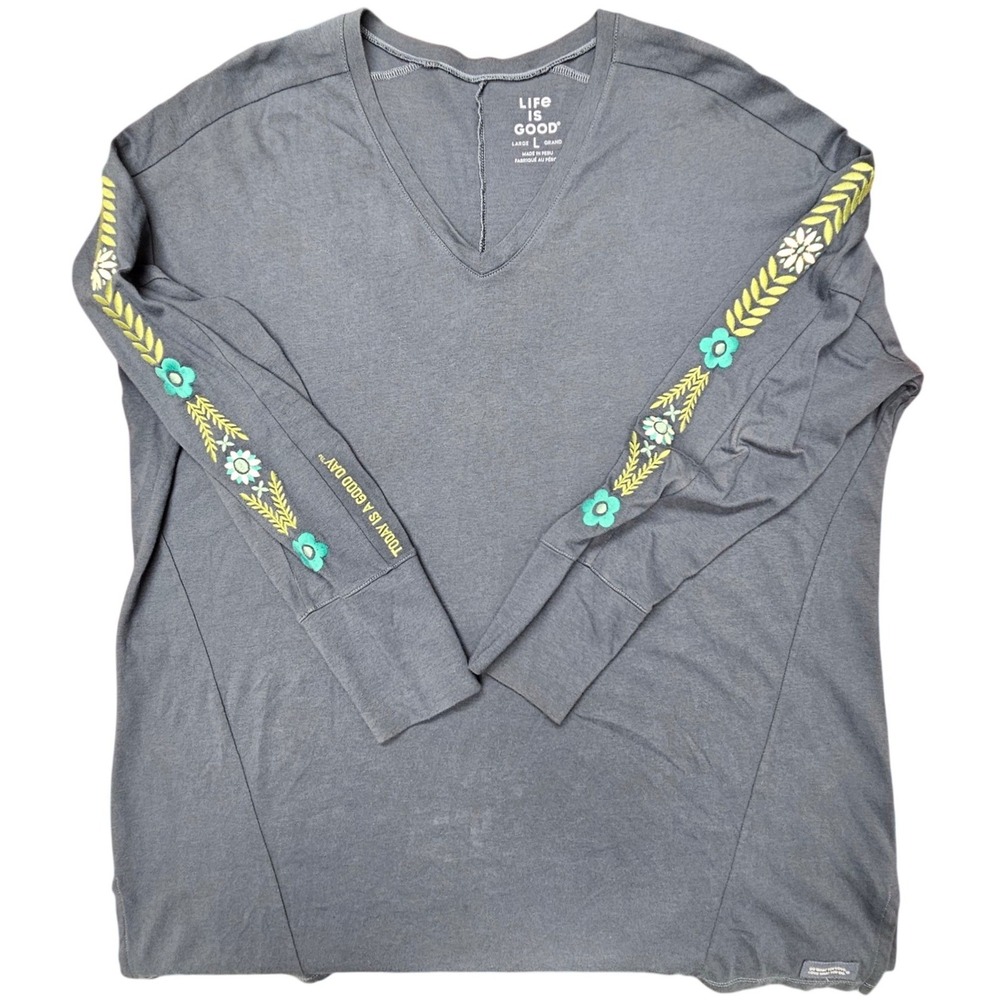 Life Is Good Womens L Gray Embroidered Floral Sleeve High Low V Neck Tee